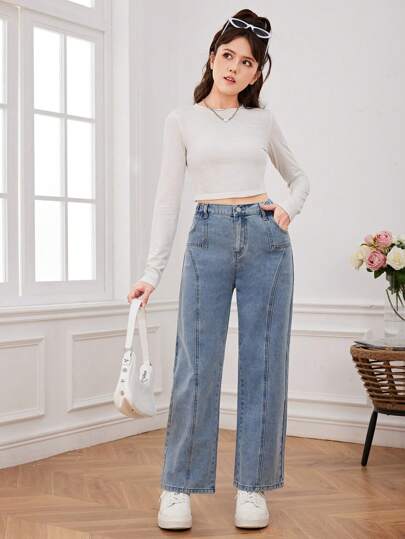 SHEIN بنطال جينز Y2k عتيق للفتيات المراهقات بنمط الشارع ومغسل خفيف وواسع الساق مع جيوب كبيرة