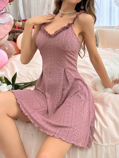 SHEIN فستان نوم نسائي بأربطة كتف مزينة بالكشكشة