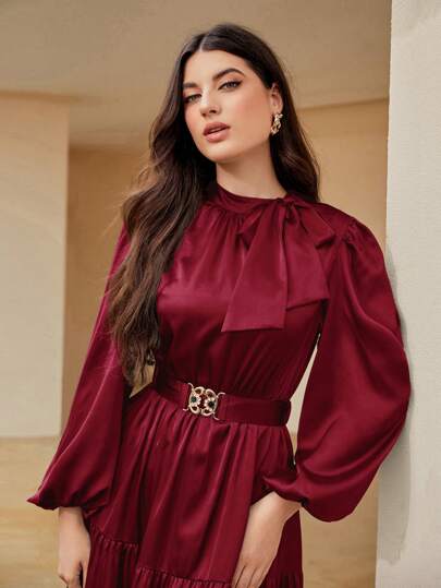 Modelyn فستان سهرة طويل باكمام فوانيس وكشكش بالذيل وحزام، باللون الأحمر البرغندي