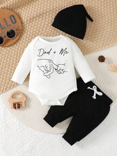 SHEIN Vintaside Kids طقم بدلة وسروال وقبعة للأولاد الصغار مطبوع عليه حروف وأكمام طويلة