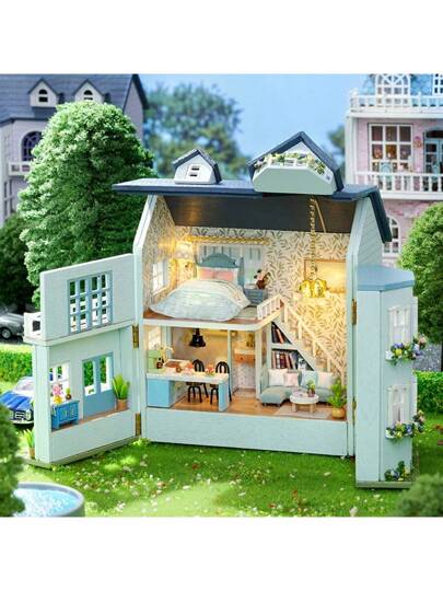 عدة بناء نموذج فيلا Maison Diy, لغز ثلاثي الأبعاد صغير مصغر مع أثاث، صناعة خشبية ،ديكور منزل إبداعي لغرف النوم والغرف. هدية الشكر وعيد الميلاد وعيد الميلاد.
