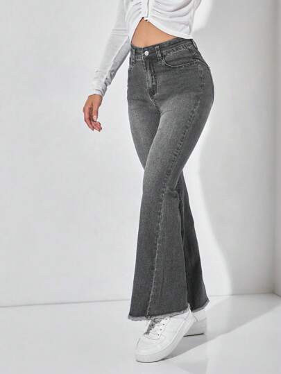 SHEIN PETITE بنطلون نسائي منسوج بقصة واسعة و حاشية متمزقة مصبوغ بالدنيم