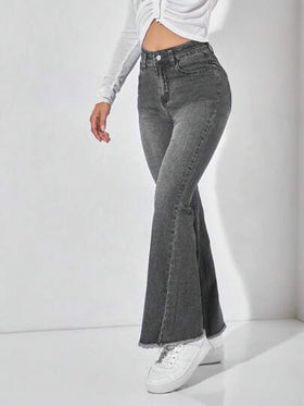 SHEIN PETITE بنطلون نسائي منسوج بقصة واسعة و حاشية متمزقة مصبوغ بالدنيم