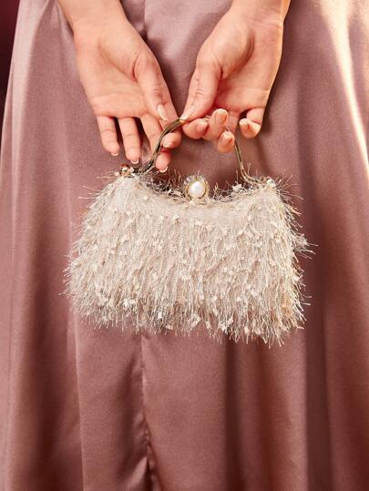 SHEIN Belle حقيبة يد علوية تحمل ريش وراينستون، ناعمة وفاخرة وجذابة وأنيقة ومتقنة التصنيع، للفتيات والنساء وطالبات الجامعات وللعرائس والعرائس الزميلات والضيوف وللحفلات والحفلات الترويجية والأعراس