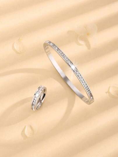 قطعتان/مجموعة سوار وخاتم من الفولاذ المقاوم للصدأ مربع الشكل ومكعب الزركونيا للنساء، إكسسوار يومي، نمط نجمة