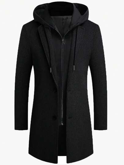Manfinity Homme معطف طويل الأكمام بلون أحادي مع كابوشون وسحاب، خريف/شتاء