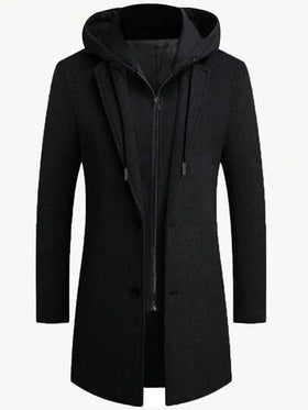 Manfinity Homme معطف طويل الأكمام بلون أحادي مع كابوشون وسحاب، خريف/شتاء