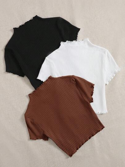 EZwear تي شيرت نسائي بأكمام قصيرة مع حافة مموجة
