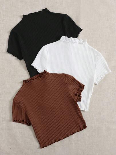 EZwear تي شيرت نسائي بأكمام قصيرة مع حافة مموجة