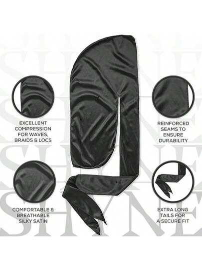قطعة واحدة من شعر مستعار حريري Durags للجنسين، قبعة عمامة، شعر مستعار للرجال من الساتان Durag Biker، عصابة رأس، إكسسوارات للشعر، ذيل طويل جدًا، Du-rag-أسود