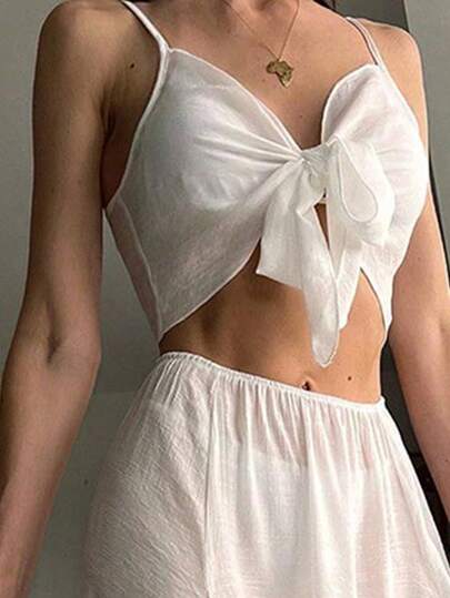 SHEIN Swim موحدة اللون معقود من الأمام لباس علوي بتغطية و فتحة للفخذ تنورة
