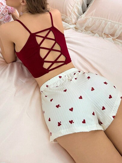 SHEIN طقم بجاما من القطعتين: قميص كامي قصير المقاس محبوك بنمط الضلعيات وشورت