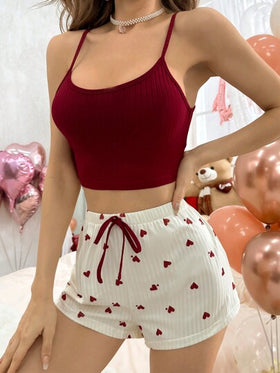 SHEIN طقم بجاما من القطعتين: قميص كامي قصير المقاس محبوك بنمط الضلعيات وشورت