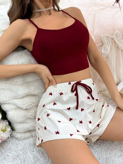 SHEIN طقم بجاما من القطعتين: قميص كامي قصير المقاس محبوك بنمط الضلعيات وشورت