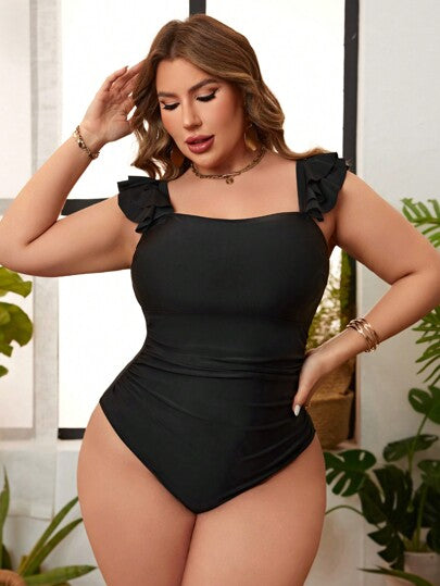 SHEIN Swim Curve مهرجان موسيقى ملابس السباحة الصلبة من قطعة واحدة مقاس كبير