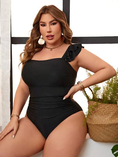 SHEIN Swim Curve مهرجان موسيقى ملابس السباحة الصلبة من قطعة واحدة مقاس كبير