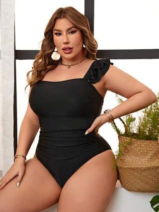 SHEIN Swim Curve مهرجان موسيقى ملابس السباحة الصلبة من قطعة واحدة مقاس كبير