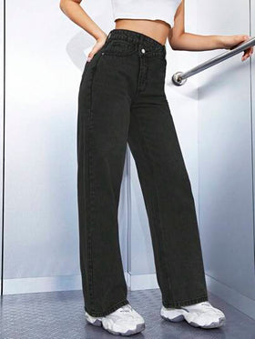 SHEIN ICON سروال جينز طويل بخصر غير متماثل للنساء