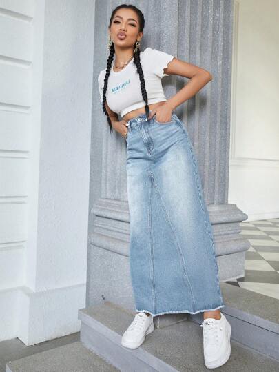 EZwear تنورة دنيم بطوالة مفتولة مغسلة للنساء