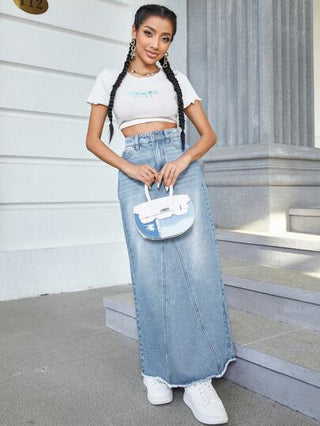 EZwear تنورة دنيم بطوالة مفتولة مغسلة للنساء
