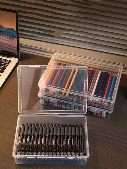 1 قطعة/صندوق تخزين مكتبي، منظم مكتبي، علبة أقلام شفافة من البلاستيك للأقلام الملونة والأقلام والأقلام الشمعية، حاوية قرطاسية وتخزين الأقلام، عودة إلى المدرسة، حقيبة قلم، حقيبة مدرسية