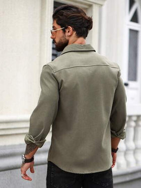 Manfinity Homme قميص كاجوال بأكمام طويلة من الكتان ذو لون أحادي للرجال، للخروج، قميص رسمي أخضر داكن، قميص رجالي أخضر، قميص أخضر للرجال، خريف