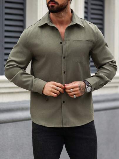 Manfinity Homme قميص كاجوال بأكمام طويلة من الكتان ذو لون أحادي للرجال، للخروج، قميص رسمي أخضر داكن، قميص رجالي أخضر، قميص أخضر للرجال، خريف
