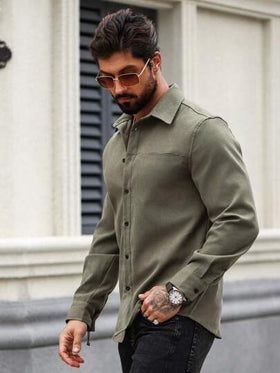 Manfinity Homme قميص كاجوال بأكمام طويلة من الكتان ذو لون أحادي للرجال، للخروج، قميص رسمي أخضر داكن، قميص رجالي أخضر، قميص أخضر للرجال، خريف