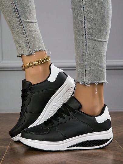 أحذية رياضية نسائية للموسم الخريفي/الشتوي، مريحة وقابلة للتنفس، مع كعب منحدر وسُمك في الأرضية وتصميم رباط، أحذية رياضية للنساء