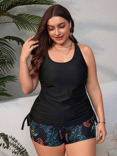 Swim Lushoire مجموعة ملابس سباحة للمقاسات الكبيرة بفوط الشاطئ الصيفية تشمل: السترة بحزام خصر والشورت ذو طباعة استوائية