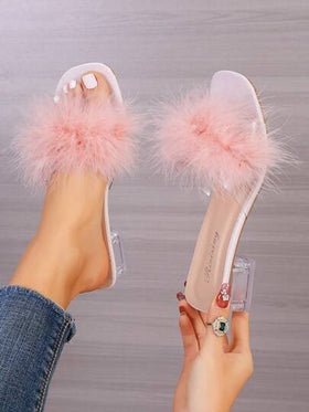 صنادل كعب عالي كريستال مفتوحة من الأصابع للصيف بأسلوب الجنية الوردي من الفراء الأرنب للنساء