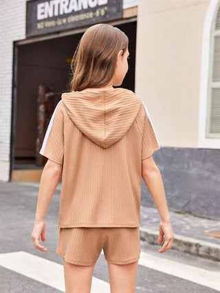 girls-sets مجموعة طقم بنطلون كورت وقميص هودي محبوك بأكمام راغلان بلون صلب لفتيات البلوغ، الصيف