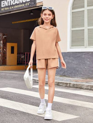 girls-sets مجموعة طقم بنطلون كورت وقميص هودي محبوك بأكمام راغلان بلون صلب لفتيات البلوغ، الصيف
