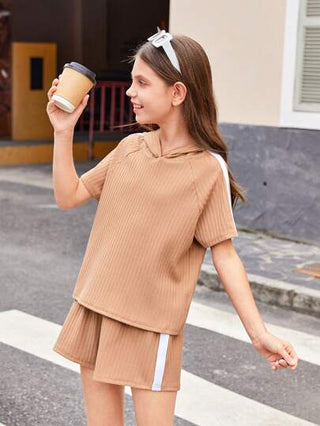 girls-sets مجموعة طقم بنطلون كورت وقميص هودي محبوك بأكمام راغلان بلون صلب لفتيات البلوغ، الصيف