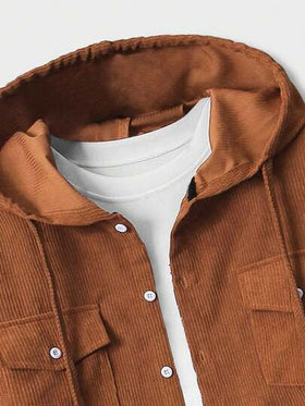 ROMWE MEN Casual معطف بغطاء رأس من الكوردوروي بأزرار أمامية بأكمام طويلة للرجال، للمدرسة، للخريف والشتاء