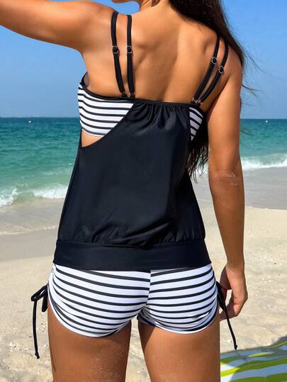 طقم تانكيني حريمي Swim Lushoire أطقم تانكيني نسائية بحمالة مزدوجة وتصاميم مختلفة، مزيج من خطوط الشاطئ الصيفية