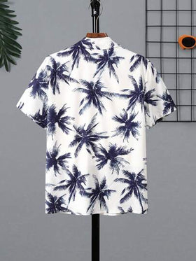 قميص مطبوع بطبعة أشجار النخيل ذو ياقة منسوجة لفتى المراهق في العطلة