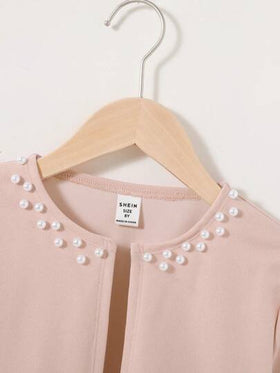SHEIN سترة صوفية كاجوال مطرزة للفتيات من Tween بأكمام طويلة بدون ياقة