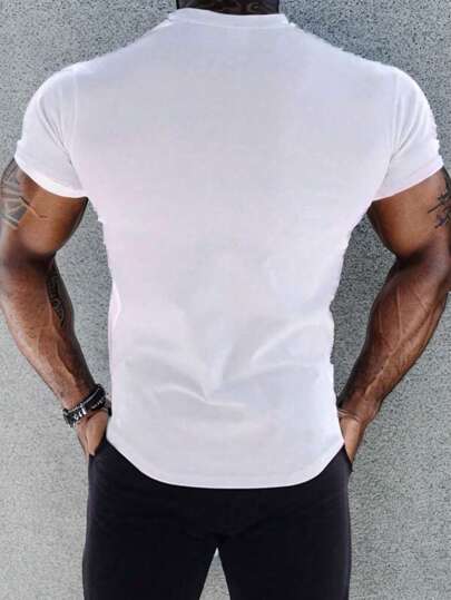 Manfinity Sport Corelite تي شيرت رياضي رجالي أسلوب خطيب بياقة مستديرة وأكمام قصيرة، بني رياضي أساسي ، عضلات ، صالة ألعاب رياضية ، ملابس نشطة ، هولوغرافي ، جميع الأبيض