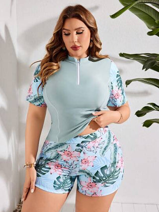 Swim SPRTY طقم ملابس السباحة المكون من قطعتين بحجم زائد مطبوع مزيج من القماش