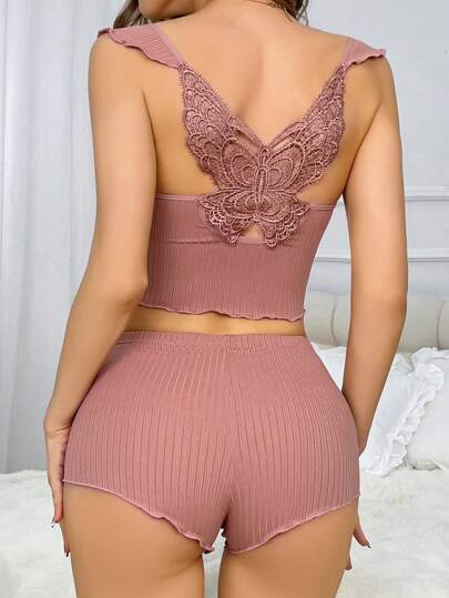 SHEIN مجموعة بيجاما محبوكة ضلعية مطرزة بفراشة للنساء