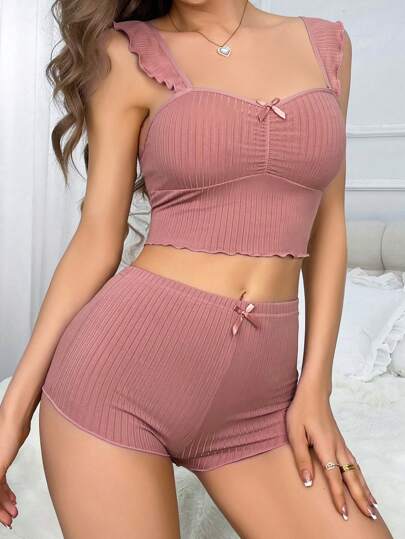SHEIN مجموعة بيجاما محبوكة ضلعية مطرزة بفراشة للنساء
