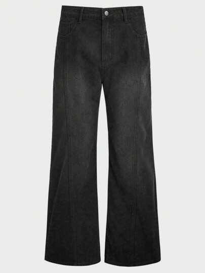 Manfinity Unisex بنطلون جينز رجالي واسع الساق بخصر متوسط غير مطاطي، مفصل، فضفاض، طويل، مغسول بالحمض، جينز كارجو، أسود سادة، لأسلوب الخروج والأصدقاء وإيمو Y2K