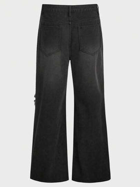 Manfinity Unisex بنطلون جينز رجالي واسع الساق بخصر متوسط غير مطاطي، مفصل، فضفاض، طويل، مغسول بالحمض، جينز كارجو، أسود سادة، لأسلوب الخروج والأصدقاء وإيمو Y2K