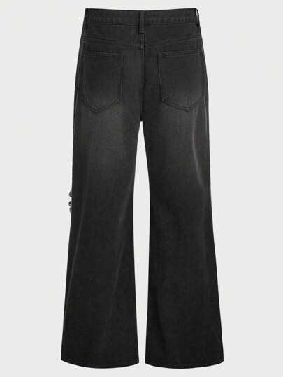 Manfinity Unisex بنطلون جينز رجالي واسع الساق بخصر متوسط غير مطاطي، مفصل، فضفاض، طويل، مغسول بالحمض، جينز كارجو، أسود سادة، لأسلوب الخروج والأصدقاء وإيمو Y2K