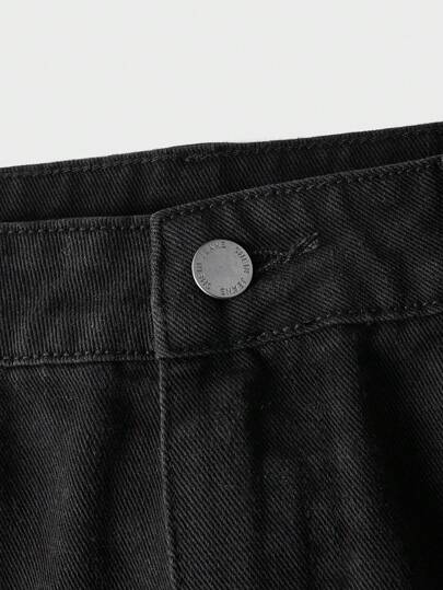 Manfinity Unisex بنطلون جينز رجالي واسع الساق بخصر متوسط غير مطاطي، مفصل، فضفاض، طويل، مغسول بالحمض، جينز كارجو، أسود سادة، لأسلوب الخروج والأصدقاء وإيمو Y2K