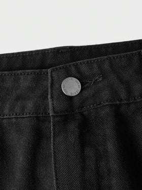 Manfinity Unisex بنطلون جينز رجالي واسع الساق بخصر متوسط غير مطاطي، مفصل، فضفاض، طويل، مغسول بالحمض، جينز كارجو، أسود سادة، لأسلوب الخروج والأصدقاء وإيمو Y2K