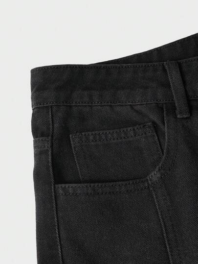Manfinity Unisex بنطلون جينز رجالي واسع الساق بخصر متوسط غير مطاطي، مفصل، فضفاض، طويل، مغسول بالحمض، جينز كارجو، أسود سادة، لأسلوب الخروج والأصدقاء وإيمو Y2K