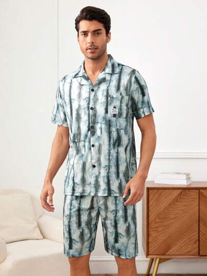 طقم قميص رجالي مصبوغ بتقنية العقدة اليابانية بأكمام قصيرة وسروال قصير للرجال