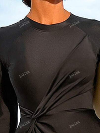 طقم تانكيني حريمي Bikinx طقم تانكيني جوانبية طويلة الأكمام والبنطلون لارتداء الشاطئ في الصيف ، لون سادة مع خصر ملفوف